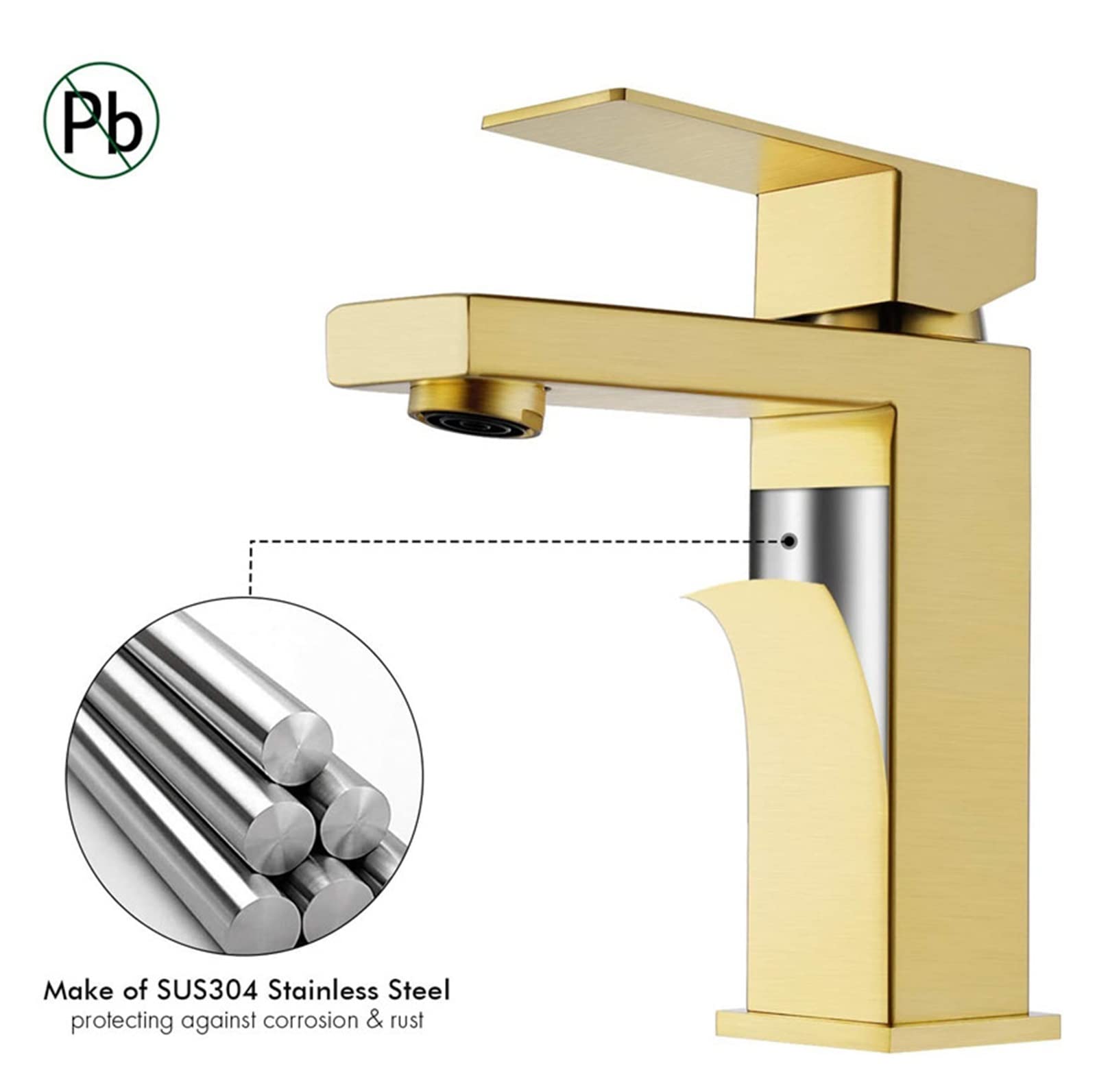 HOIGY Badezimmer-Wasserhahn Gebürstetes Gold – Einloch, Wasserfall-Design Mit Pop-Up-Ablauf