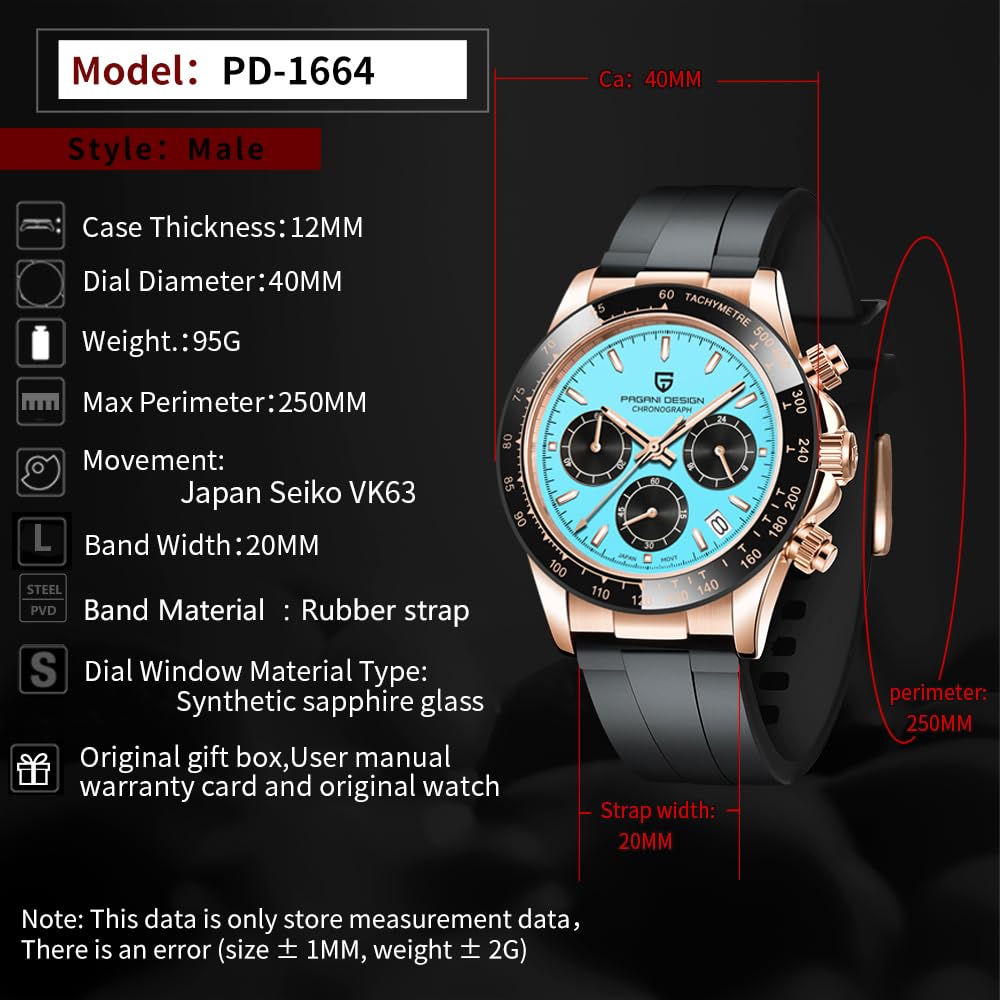 Pagani Design Herren-Armbanduhr Saphir Sport Quarzuhr Edelstahl Herren Wasserdicht Armbanduhr VK63 Uhrwerk Mode Chronograph