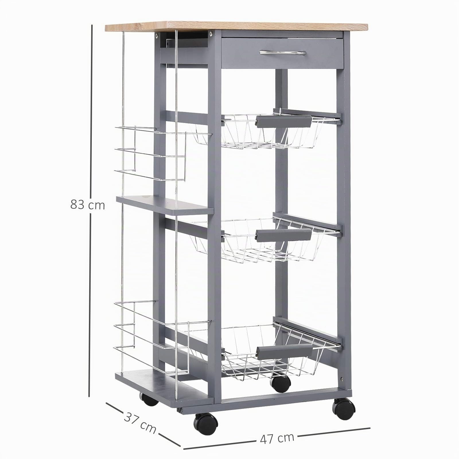 HOMCOM Carrito Auxiliar con Ruedas, 3 Cestas Metálicas, 47x37x83 cm, Gris | Carrito de Cocina, Cajón, 2 Especieros, Estructura de Madera de Pino, para Verduras y Frutas, para Comedor