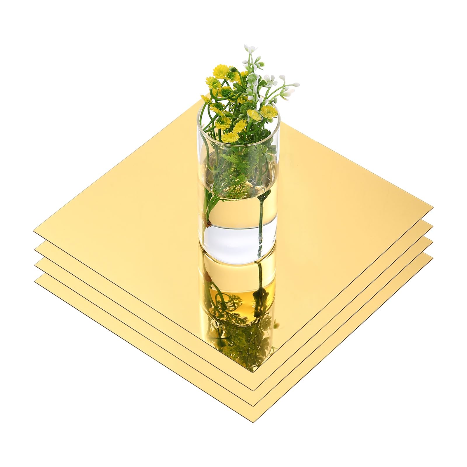 sourcing map 4 Pack 12 Inch Mirror Centerpieces for Tables, Square Mirrors for Centerpieces, Table Plate Tray Self Adhesive Acrylic for Wedding Party Crafts Home Wall Decor, Gold