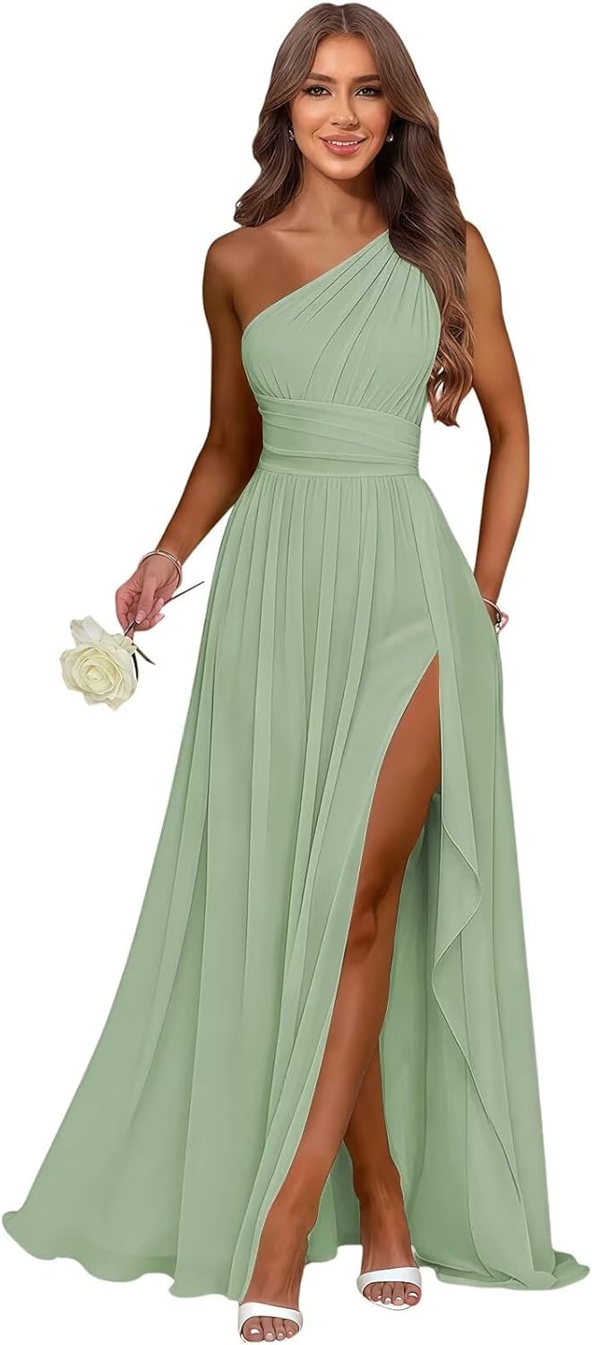 One Shoulder Bridesmaid Dresses Chiffon Slit Empire Long Formal Dresses for Women