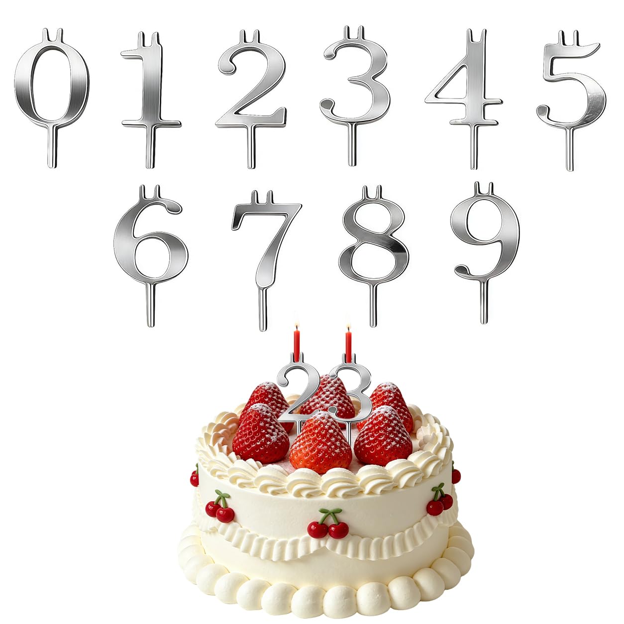 View 1 of 10 PCS Reusable Number Candle Holder Set, Metal Number Candle Holders Stand 0-9 Digital Stainless Steel Birthday Cake Candle Holder - Cake Topper Decorations