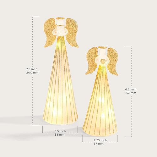 Miniatura 3 de Figuras de ángel de Navidad iluminadas con alas de purpurina doradas, juego de 2, baterías incluidas, 6 pulgadas y 8 pulgadas de alto, luces LED en