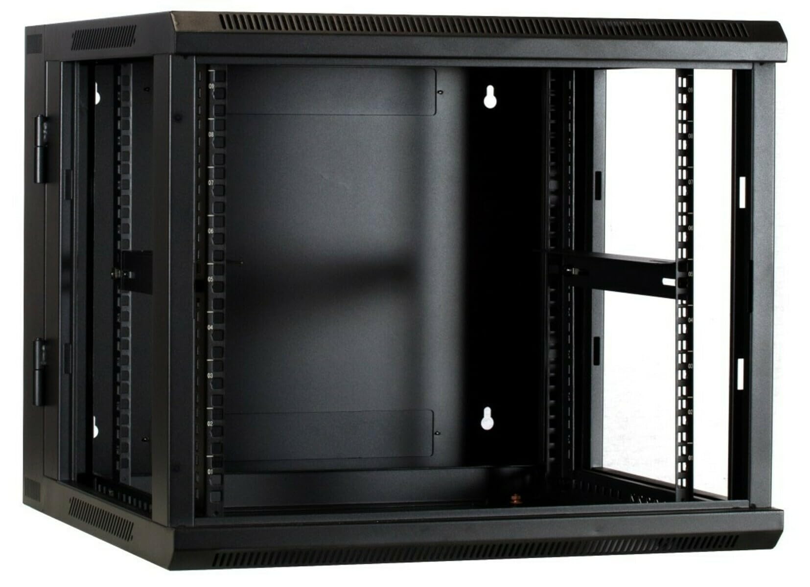 9HE Netzwerkschrank (Serverschrank) 19 Zoll wendbares Wandgehäuse Glastür und perforierten Seitenwänden - (BxTxH) 600x600x501mm - Schwarz