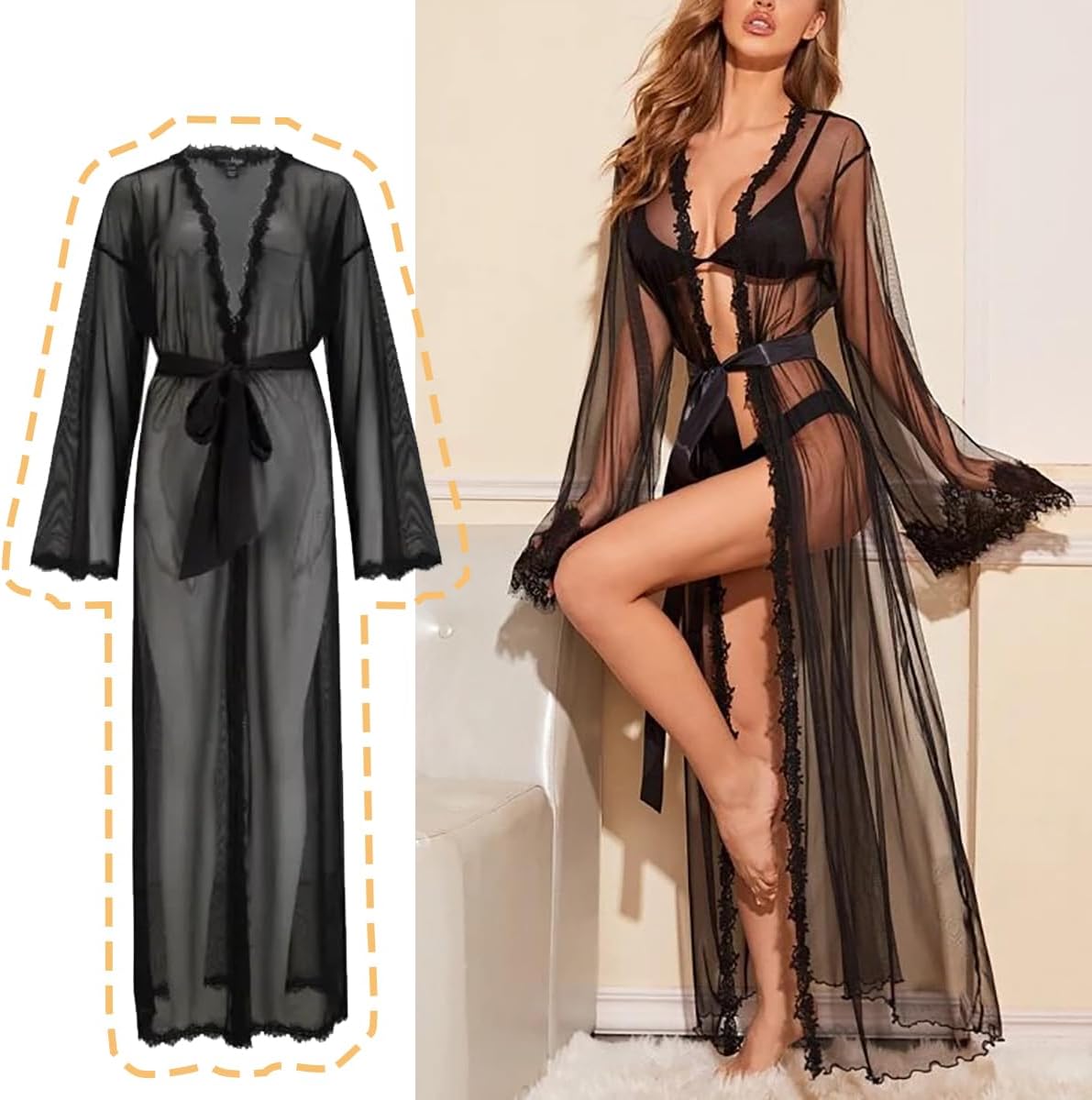 Women's See Through Lace Robe Sexy Sheer Maxi Kimono Mesh Satin Belted Chemise Babydoll Lingerie Nightgown Cover Up - Image 6