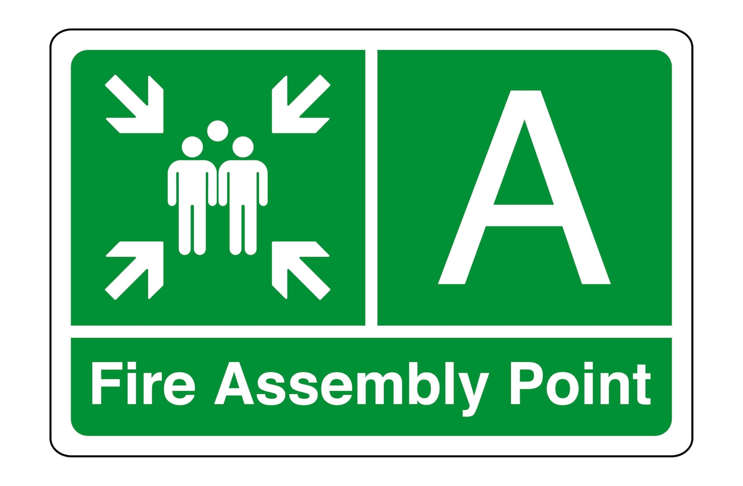 Fire assembly point "A" - safety sign - High tack self-adhesive sticker (400mm x 300mm) Viewing Distance within 14m.