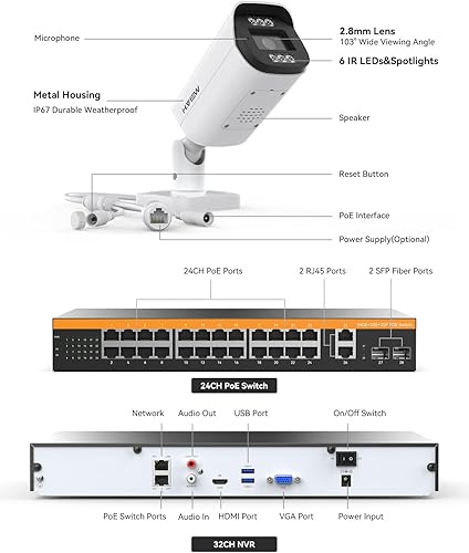 Miniatura 9 de H.VIEW Sistema de cámara de seguridad de 32 canales, 20 cámaras PoE IP con cable de 8 MP para exteriores, detección humana AI, micrófono integrado,