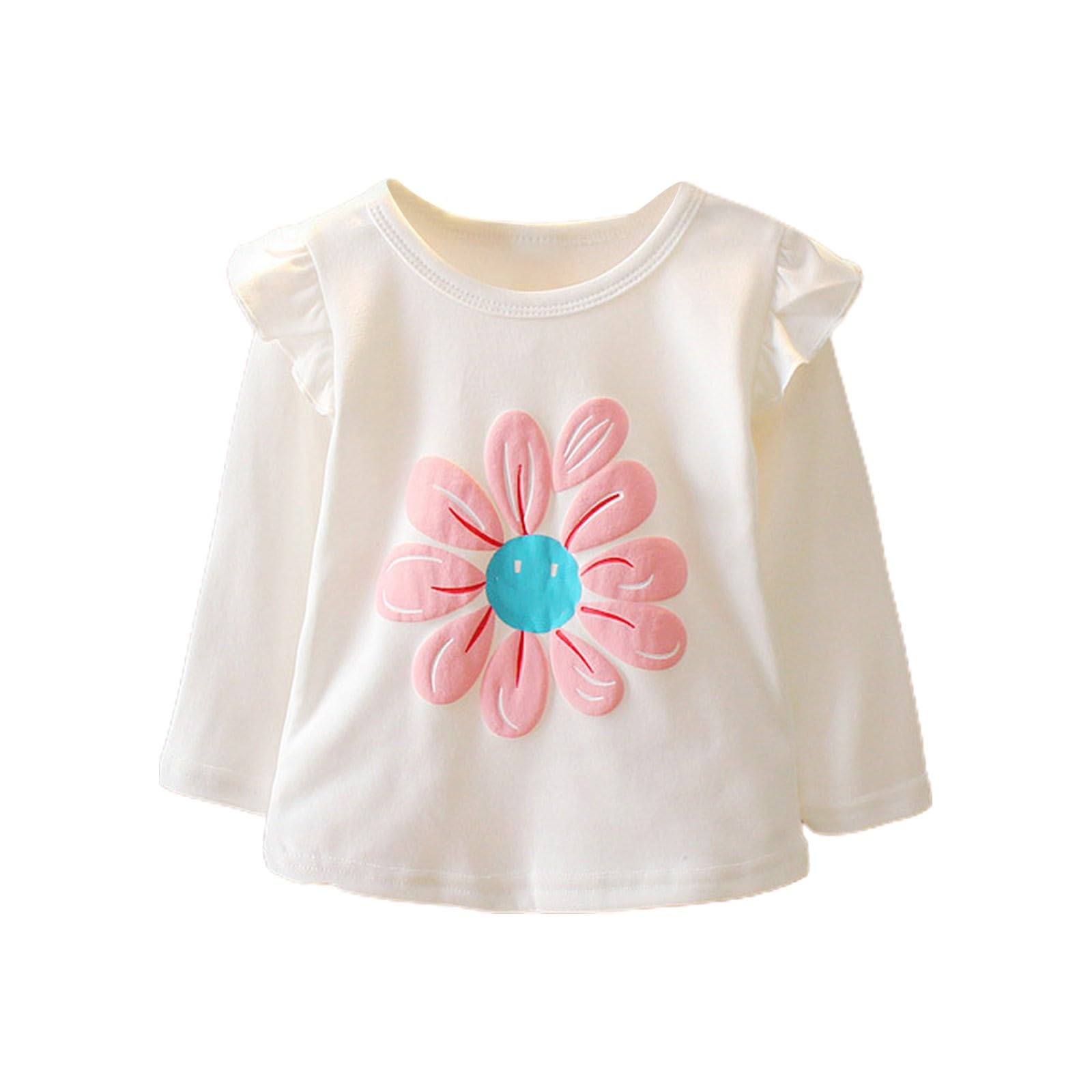 RNTOP Bbay Girls Graphic T-Shirts Toddler Baby Ruffle Long Sleeve Tee Shirt Crewneck Floral Blouse (White, 3-4 Years)