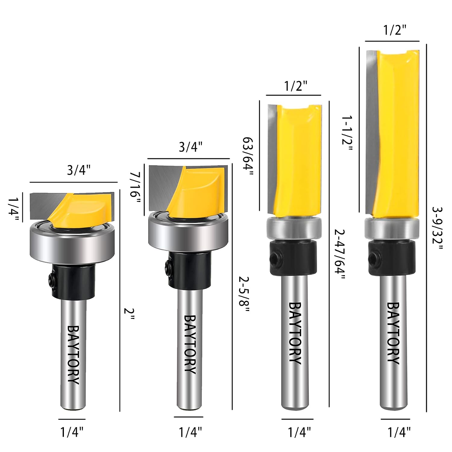 BAYTORY Pattern Flush Trim Router Bit Set with 1/4 inch Shank, 2Pcs 1/2" & 2Pcs 3/4" Cutting Diameter Carbide Mortising Bits with Top Bearing Prevent Tear-Out, Template Woodworking Cutter Tool