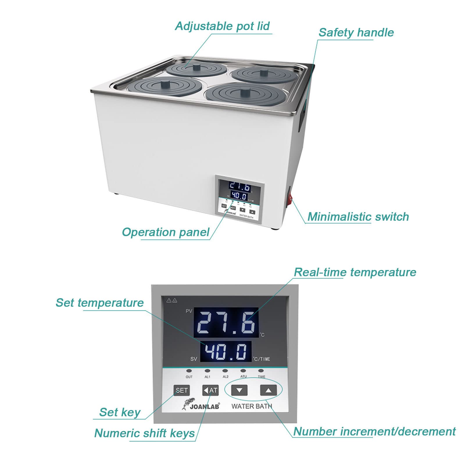 Vier Loch Labor Digitales Thermostatisches Wasserbad, Edelstahl Innentank Elektrisches Heizwasserbad, 360° Zyklusheizung, RT 5 bis 99.9°C