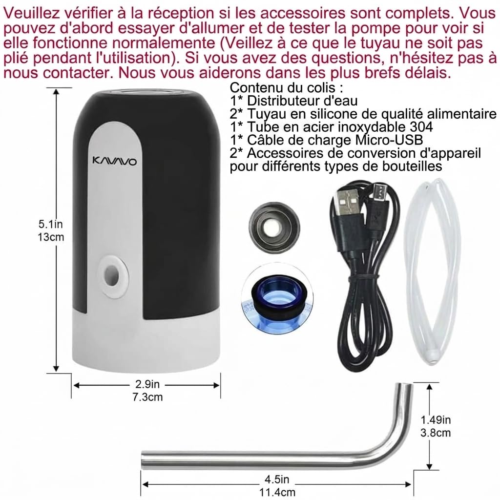 Pompe à Bouteille d’Eau, 2 Adaptateurs Supplémentaires de Différents Calibres, Distributeur d’Eau Électrique Portable avec 2 Tuyaux Libres à Couper Noir Blanc, En Silicone,Plastique