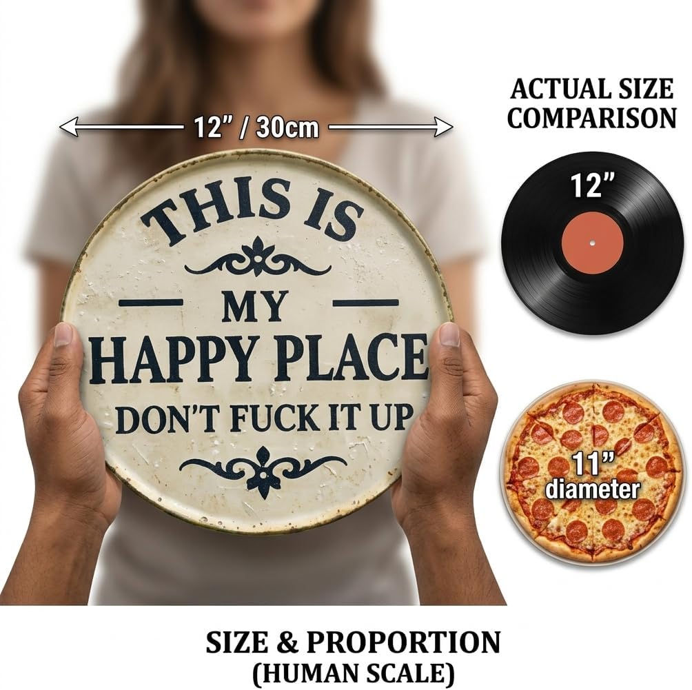 12x12in Round This Is My Happy Place Don't F*ck It Up Metal Sign - Vintage Hanging Wall Decor Welcome to My Happy Place - Funny Humorous Welcome Sign with Jute Rope for Indoor Outdoor Home Office Bar Decoration