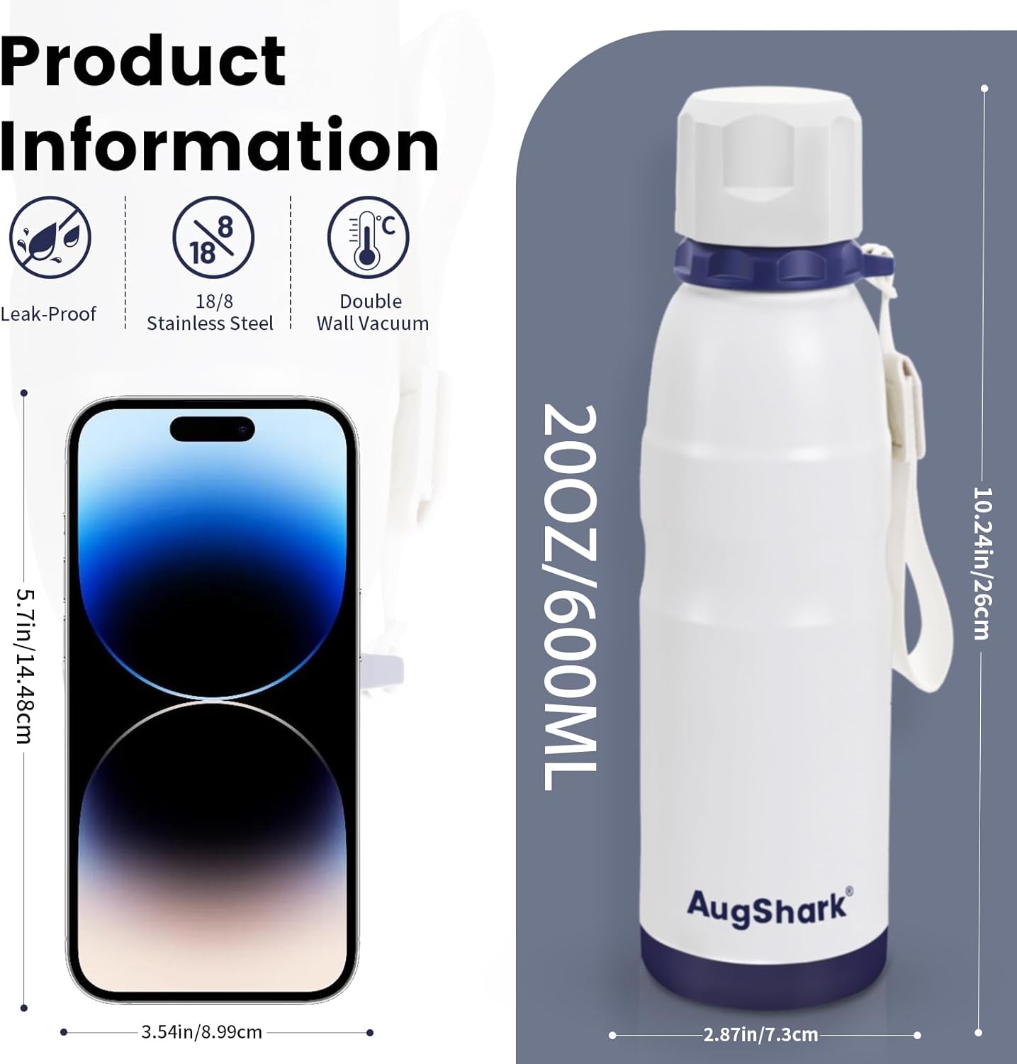 20oz Water Bottle Insulated with Straw & Handle Double Wall Vacuum Stainless Steel Water Flask Keep Cold 24h Hot 12h for Sports, Travel, School (White) - Image 2
