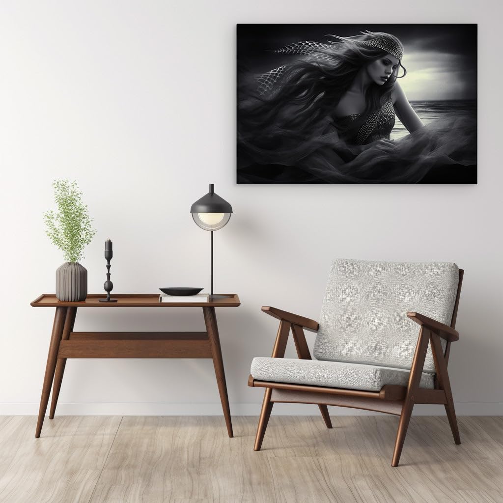 Canvas for Living room. Mystique of the Sea: The Elegance of a Monochrome Mermaid Enigma, 27 x 18 inch Canvas Wall Art - Ready to Hang