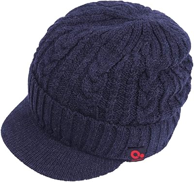 Original One Men Wool Blend Cable Knitted Visor Beanie Winter Knit Hat with Brim Fur Lined Ski Cap (Blue)