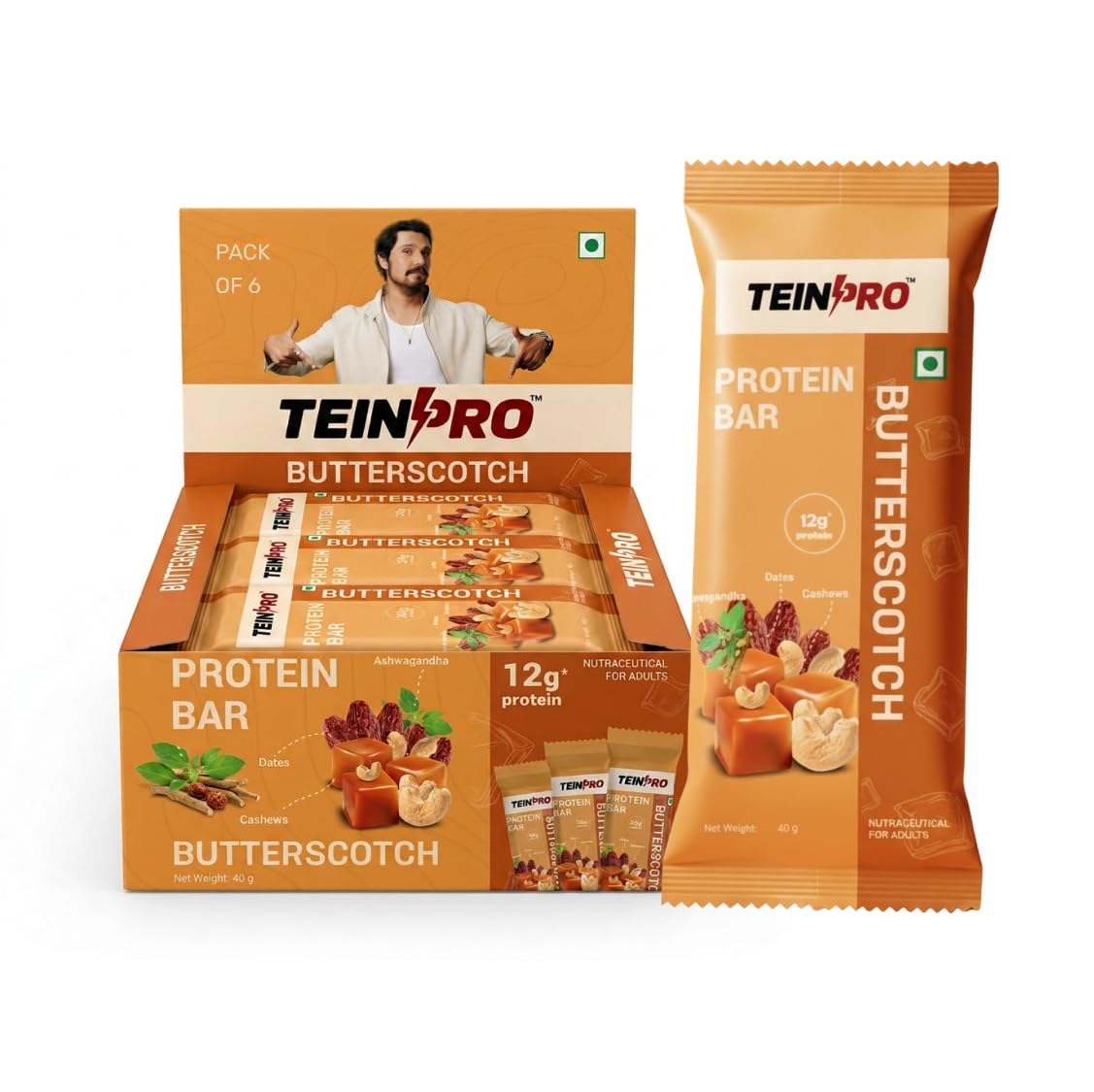 TeinPro 12g Protein Bar | Butterscotch | No Palm Oil | 5g Fiber | Pack of 6 | Protein Blend | No Added Sugar | Ashwagandha & Rosemary Infused | 100% Veg-image-25