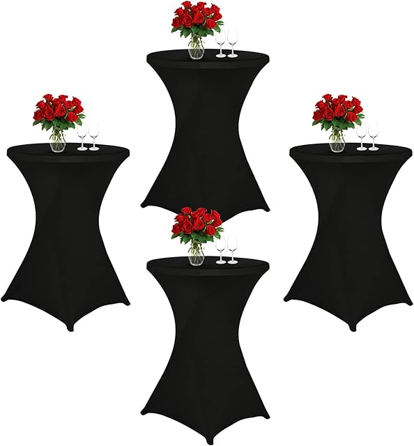 4 Packs 32'' x 43'' Cocktail Spandex Stretch Square Corners Tablecloth, Black Spandex Cocktail Tablecloth, Fitted High Top Round Table Cover for Bar Wedding Cocktail Party Banquet Table (Black)