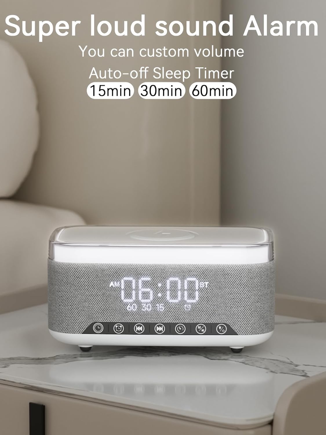 Alarm Clock Bluetooth Speaker with 10w Fast Wireless Charger for iPhone Samsung, 10W Stereo Bluetooth Speaker, 12-Color Night Light, White Noise Machine Digital Clock with FM Radio for Bedroom