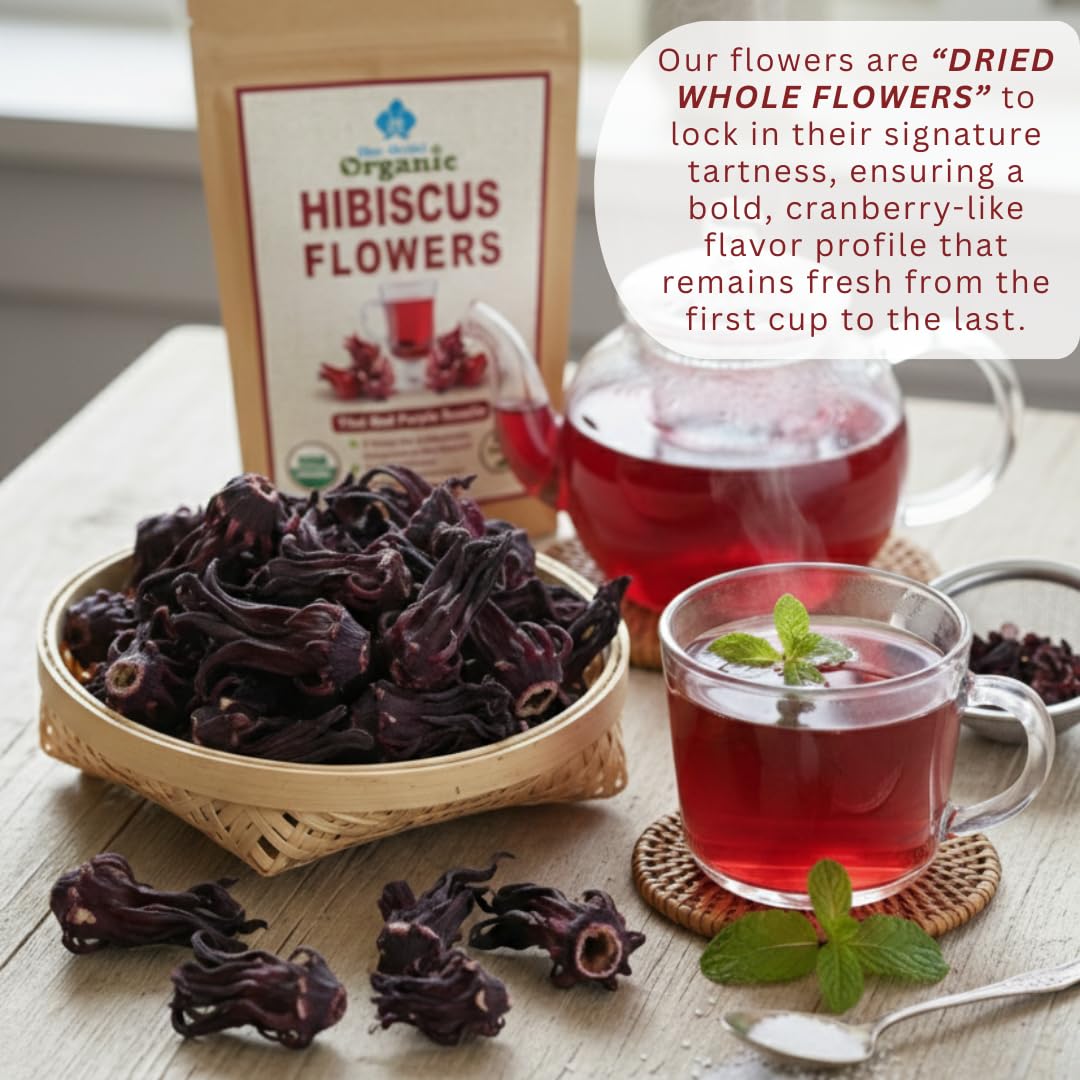 Organic Hibiscus Flowers - Sun Dried Edible Petals for Herbal Tea Drinks - Natural Purple Thai Roselle Herb 4 OZ