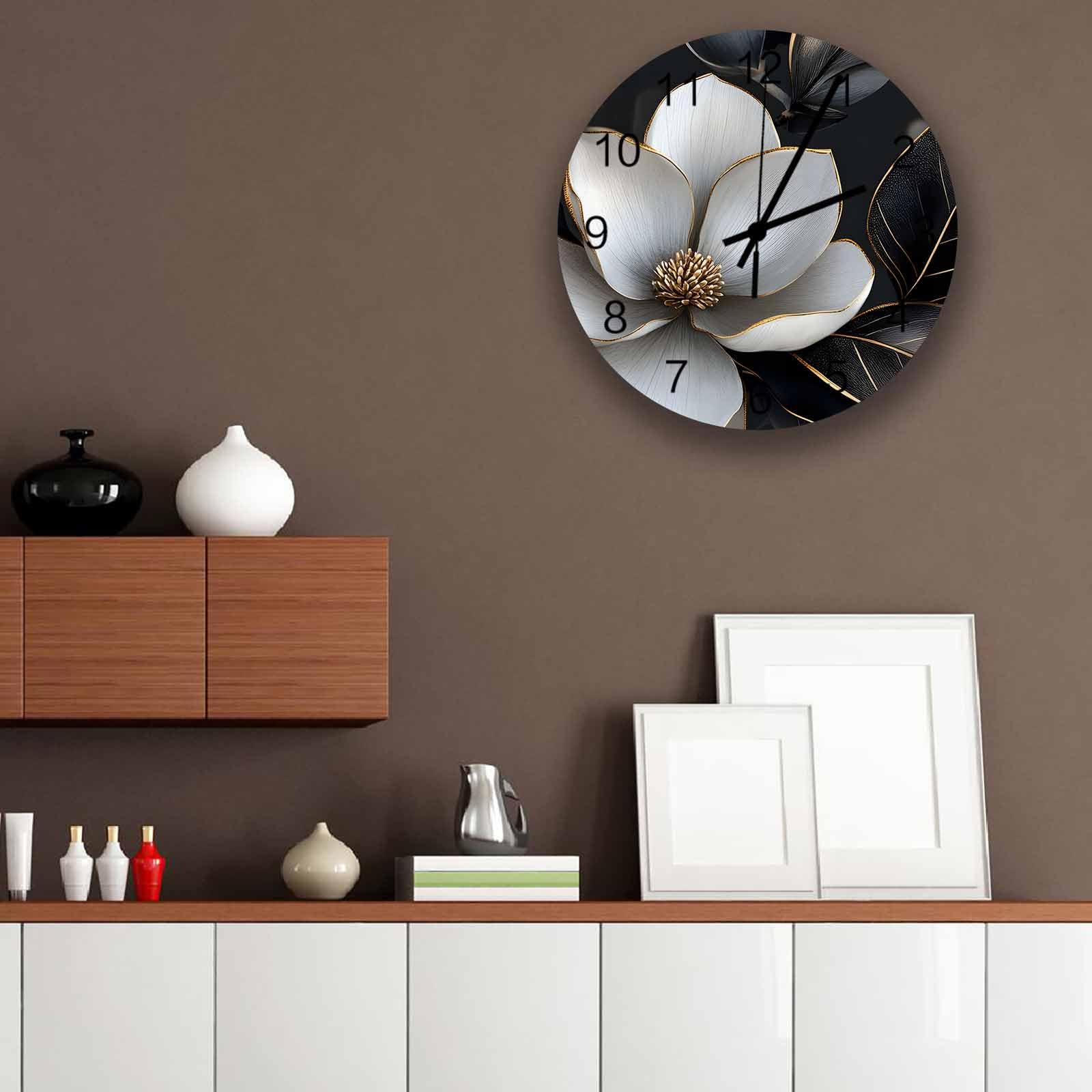 Elegante reloj de pared con diseño de flores, silencioso, sin tictac, primavera, botánico, floral, negro, grande, funciona con pilas, decoración para el hogar, cocina, sala de estar, baño, oficina