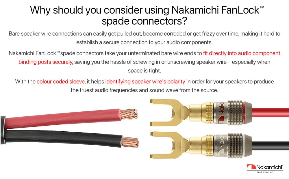 Nakamichi FanLock Excel Series 24k placcato oro connettore a forcella spina a banana 10 AWG - 18 AWG 4mm per altoparlanti amplificatore Hi-Fi, 8 pezzi
