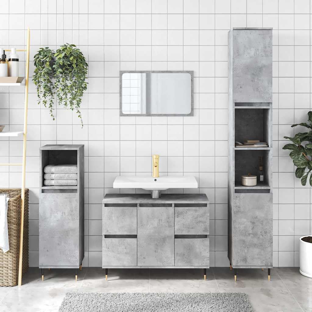 Mueble de Baño en Madera de Ingeniería Gris Hormigón 80x33x60 cm con 4 Cajones y Compartimento, Armario de Almacenaje con Puerta Ajustable y Patas de Hierro para Estabilidad,