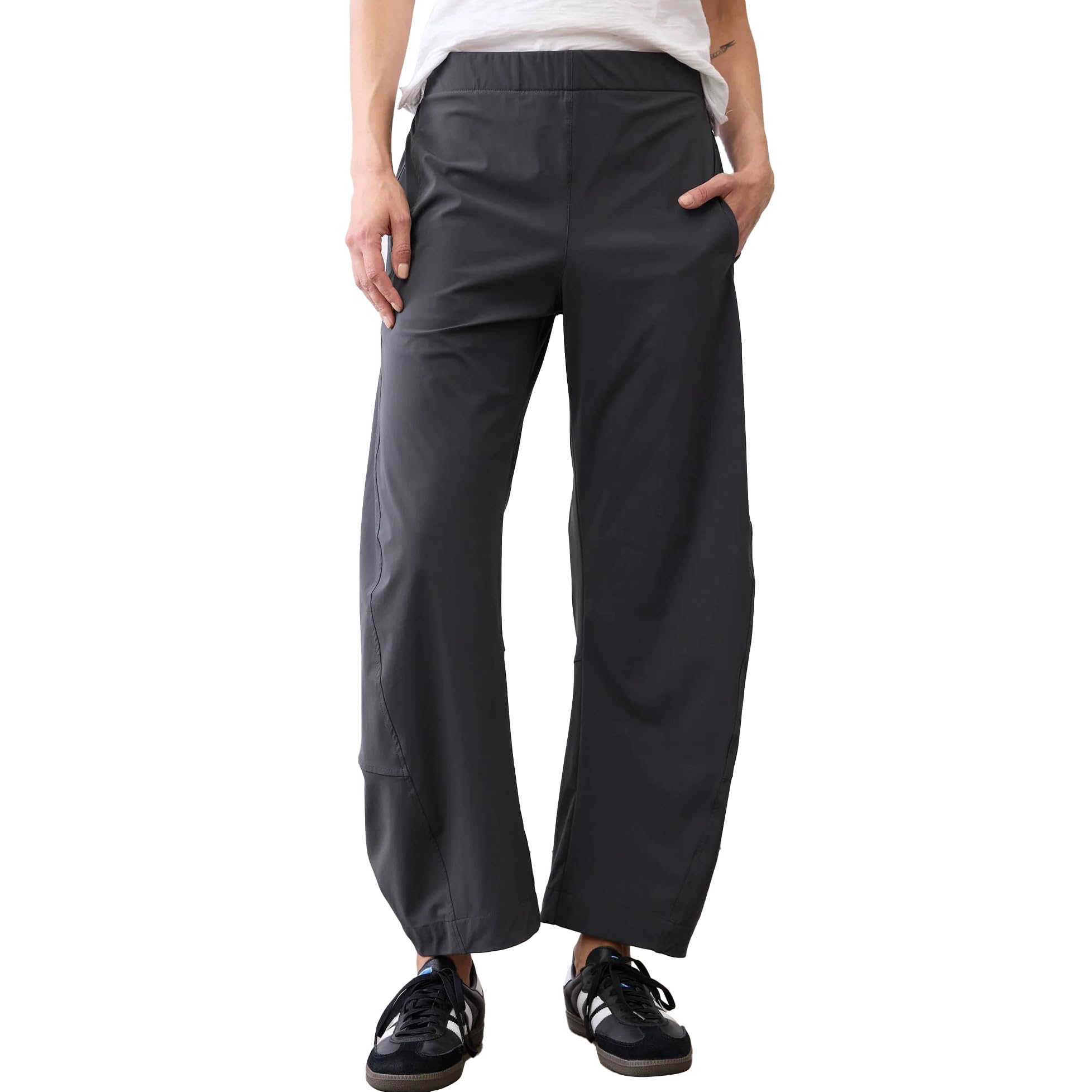Women Barrel Travel Pants Elastic Waistband Tapered Leg Baggy Mid Rise Work Trousers Lounge Pant with Pockets
