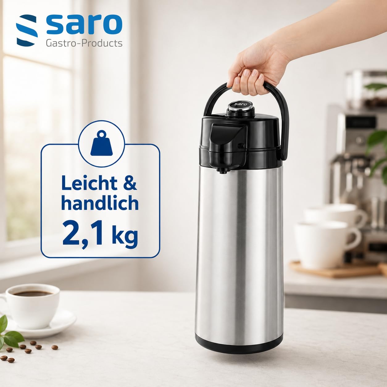 SARO Isolierpumpkanne aus Edelstahl für Gastronomie & Buffet – 2,2 L – Für heiße & kalte Getränke – Mit Pumpmechanik & Tragegriff - Innen & außen Edelstahl