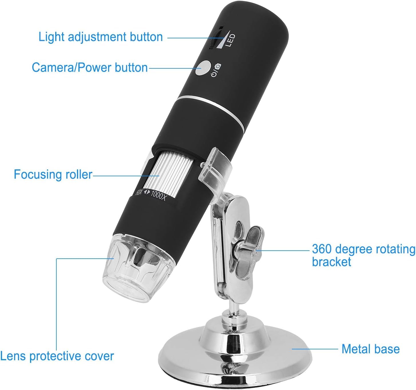 Mikroskop USB, mikroskop cyfrowy, WiFi, USB, 1000 x endoskop z metalowym stojakiem, mini ręczny mikroskop cyfrowy z kablem USB, 8 diod LED, do elektroniki, monet, skóry, kontroli roślin