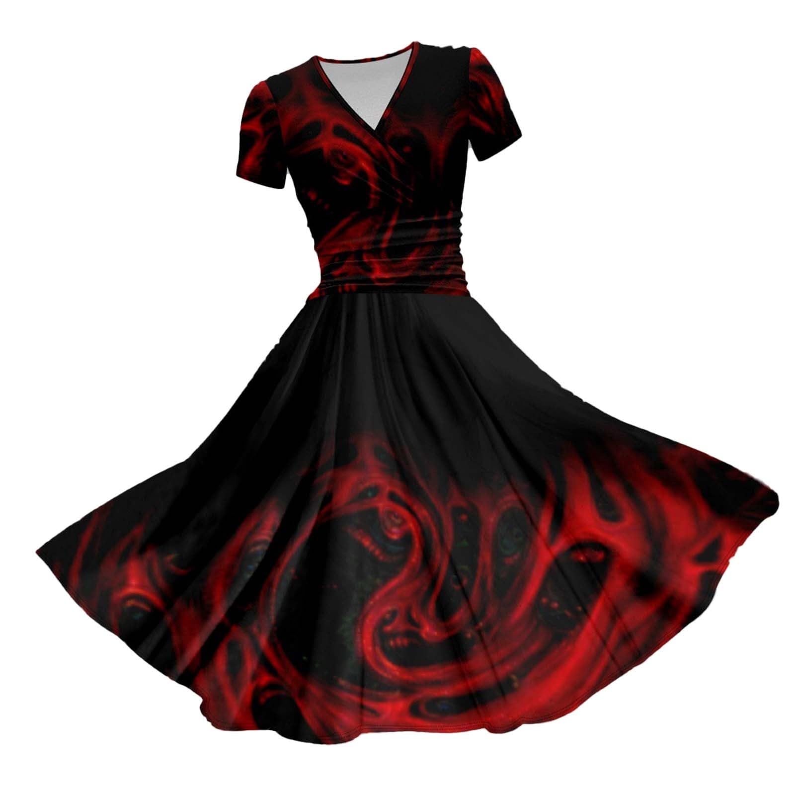 HUIFUAO Halloween Dresses for Women Scary Bloody Fancy Dress Plus Size Halloween Costumes V Neck Short Sleeve Party Evening Horror Festival Cosplay Outfits Clothes (Z16-Black, XXXL)
