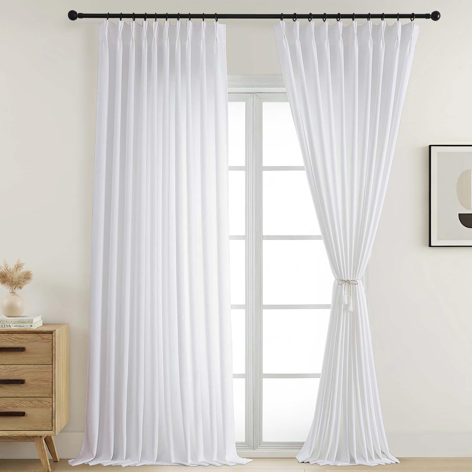 Ebesto Extra Wide White Pinch Pleated Curtains 96 Inches Long 2 Panels, Light Filtering Soft Thick Fabric Curtains for Large Windows, 60 Inch Width Farmhouse Drapes for Living Room, 2x60Wx96L Inches