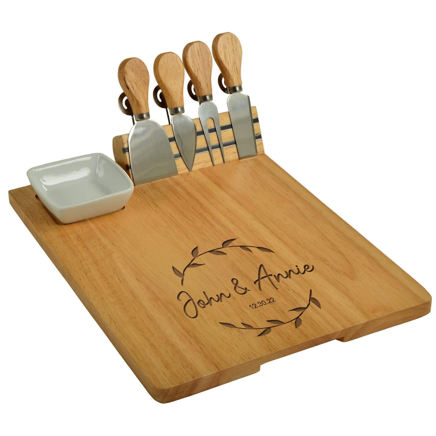 Personalized Engraved Hardwood Cutting Board with Cheese Knives, Cheese Markers & Ceramic Dish - Designed and Quality Checked by Picnic at Ascot USA