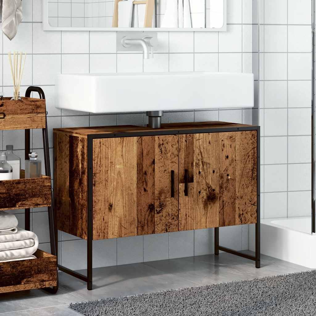 Szafka pod umywalkę, wygląd starego drewna, 80 x 33 x 60 cm, materiał drewnopochodny z otworem na syfon, stal malowana proszkowo, miejsce do przechowywania szafki na umywalkę w łazience