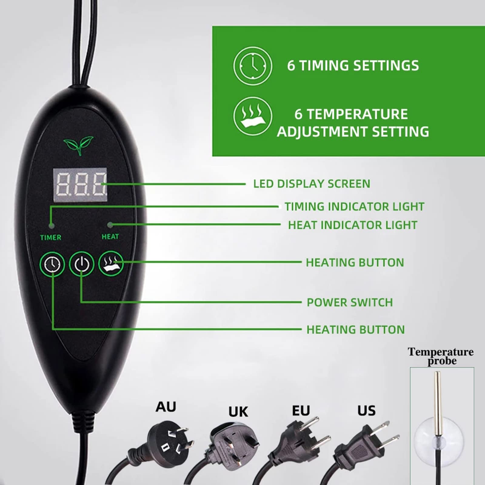 Tappetino Riscaldante Impermeabile per Piantine E Controller Termostato, Tappeto Termico per Serra Germinazione Anfibi Rettili con LED E Sonda Regolabile, 6 Temperature E 6 Set di Timer,10"x20"