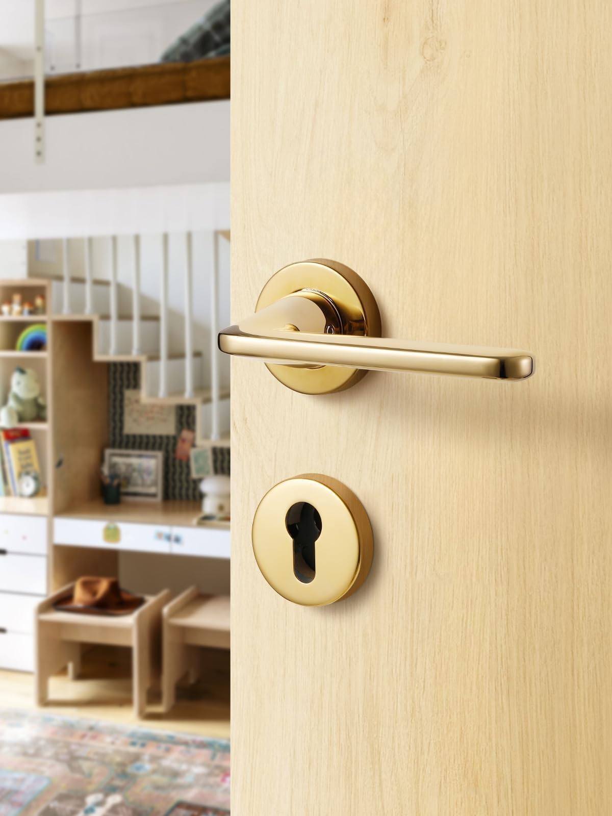 SORWDUERM Gold Door Handle Set, Matte Brushed Stainless Steel, L Shape Round Rosette PZ Profile Cylinder for Front & Interior Doors - Image 3