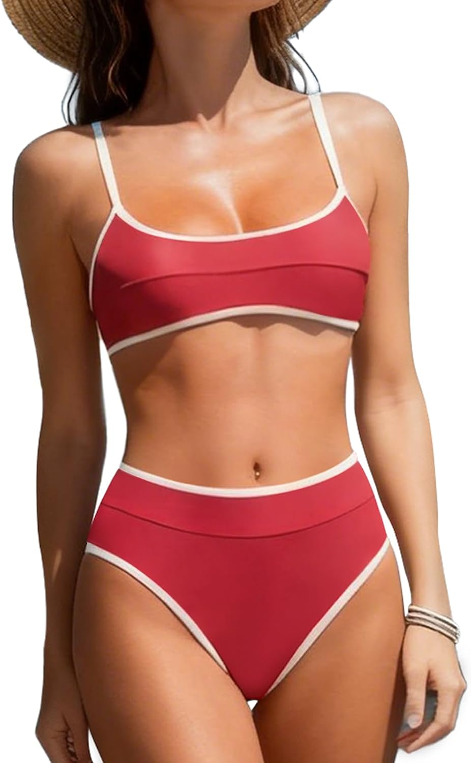 High-Waisted Bikini Set for Women Two Piece Adjustable Spaghetti Straps Bathing Suit Color Block Swimsuit Swimwear