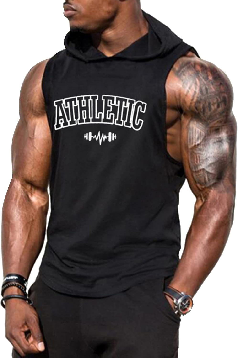 Kaerm Mens Sleeveless Letters Print Athletic Shirts with Hoods Workout Hooded Tank Tops Lightweight Running Vest Tops