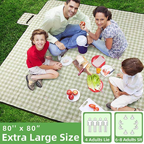 Zaze Extra Large Picnic Outdoor Blanket, 80''X80'' Waterproof Foldable Blankets Gingham Picnic Mat For Beach, Camping On Grass Picnic Blankets (Green And White) #TOP1