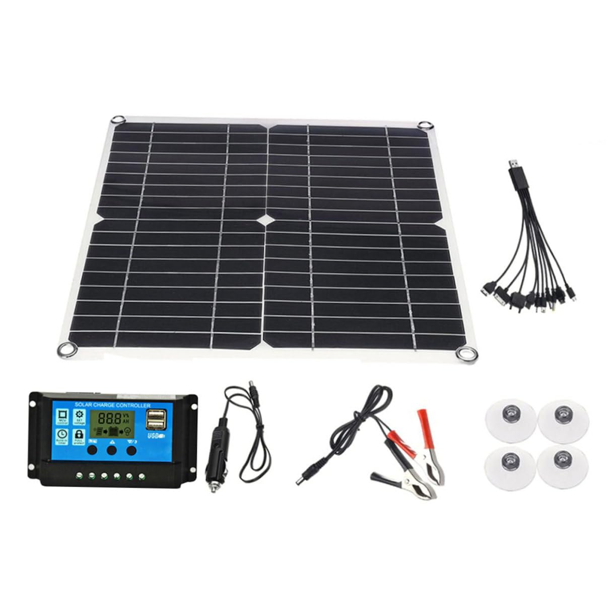 Pannello Solare da 20w in Silicio Cristallino con Controller 20a | Set da 1 Pezzo, Nero, Eva e Pet, per Outdoor e Campeggio, 2 Moschettoni Inclusi