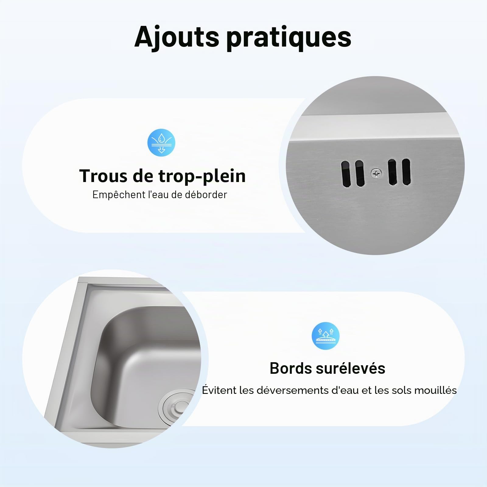 Évier en acier inoxydable - 120 x 45 x 80 cm - 2 bacs - Évier commercial avec robinet, tuyaux d'eau froide et chaude et 3 tuyaux de drainage pour extérieur, intérieur, cuisine, restaurant