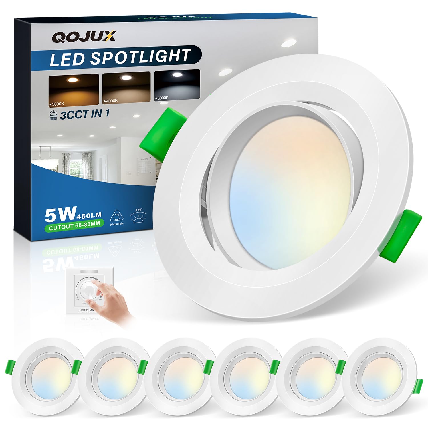 Downlight LED Giratorio Empotrable 5W 450LM Regulable 3000K 4000K 6000K, IP44 Ø68-80mm Focos Interior AC 220-240V Para Baño Salón Cocina, 6 Piezas