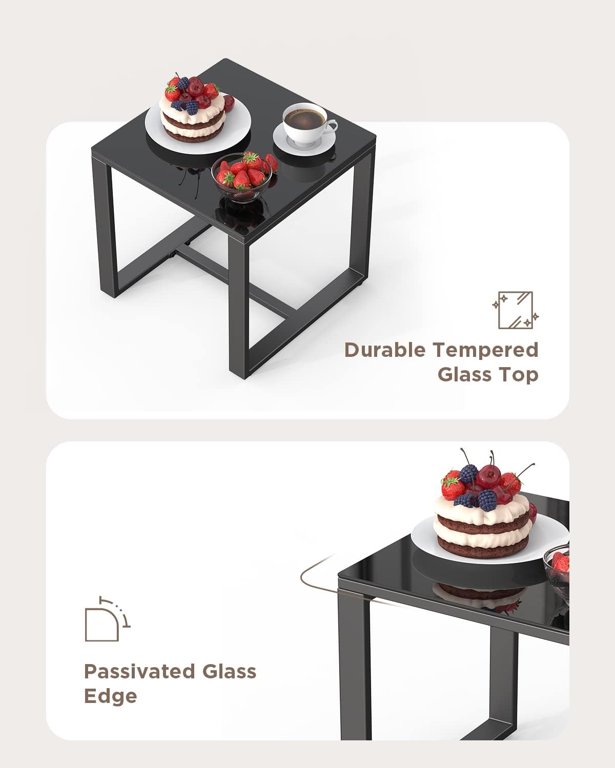 Close-up of the coffee table showing its durable tempered glass top and passivated glass edge.