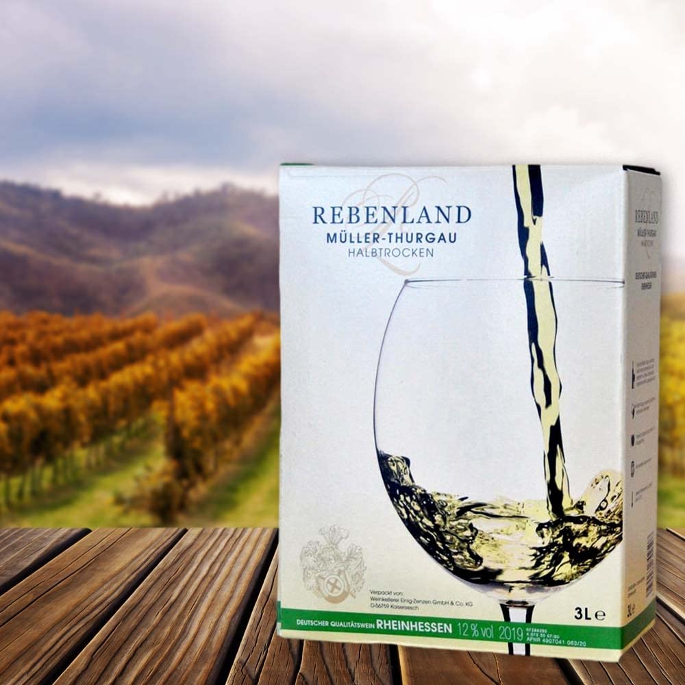Rebenland Müller-Thurgau, halbtrocken, Bag-in-Box, sortenreines Weinpaket + VINOX Winecards (4x3,0l)