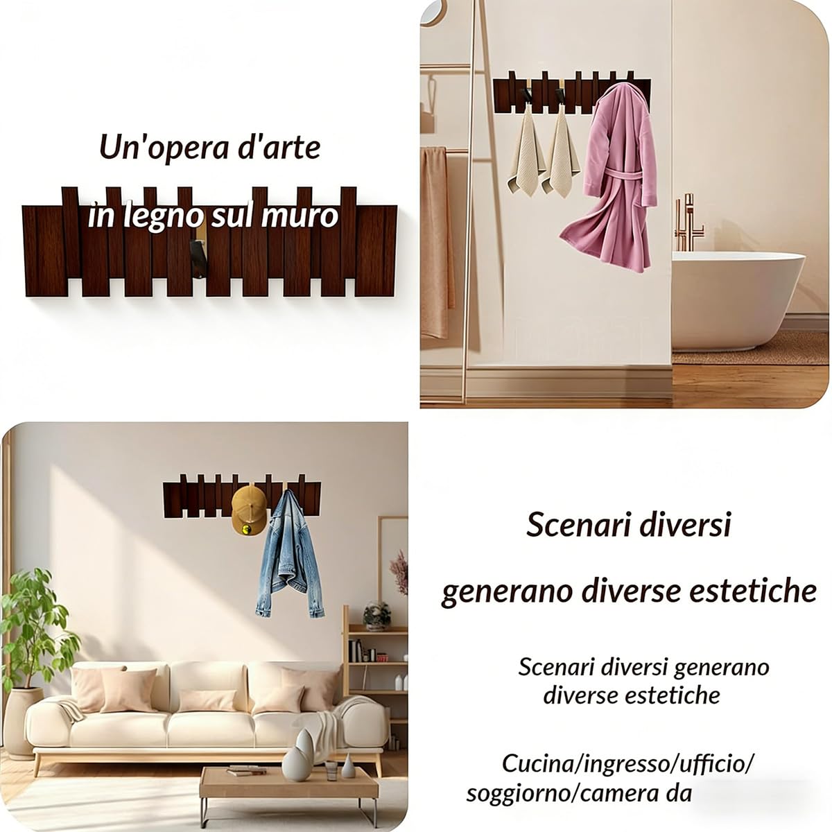 Gancio appendiabiti da parete moderno in legno massiccio – Gancio appendiabiti a parete per cappotti cappotti e borse – Modanatura decorativa da parete, forte resistenza, ideale per corridoio, camera