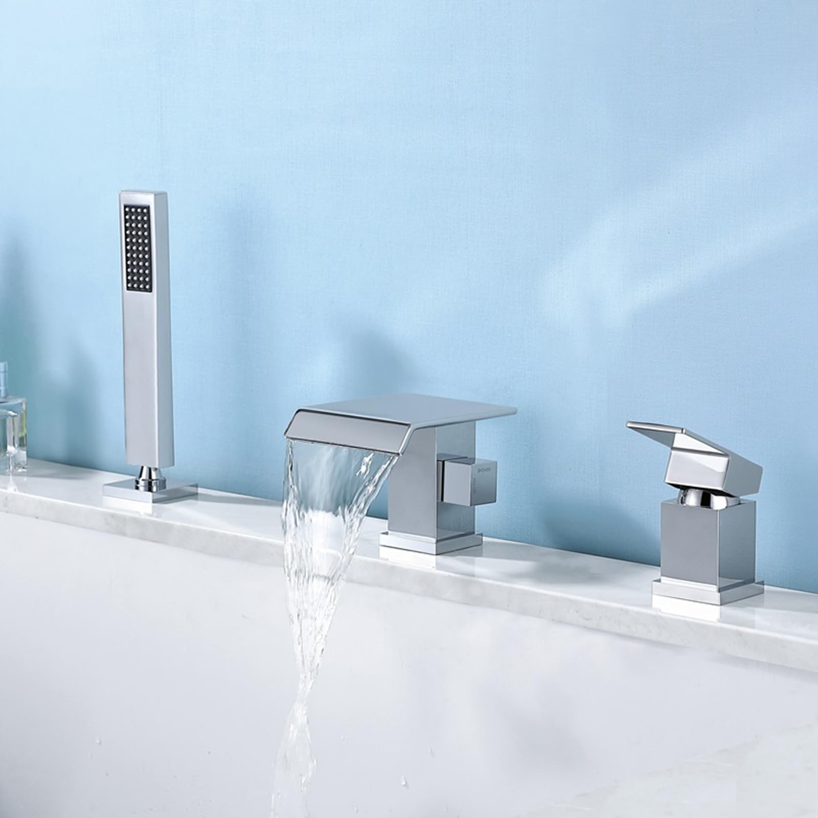 SnamicE 3 Hole Bath Taps Black Waterfall Bath Shower Mixer Taps + Shower Kit Single Lever Bathtub Faucet,Chrome