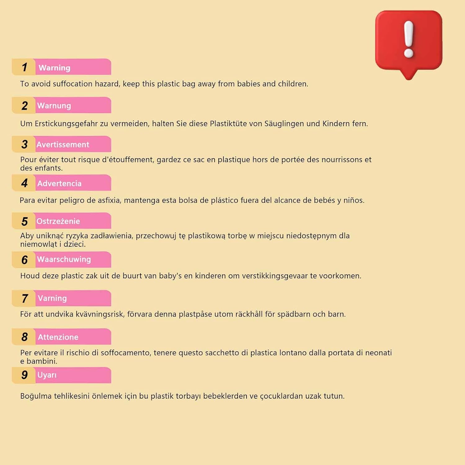 Warning label regarding suffocation hazard from plastic bags