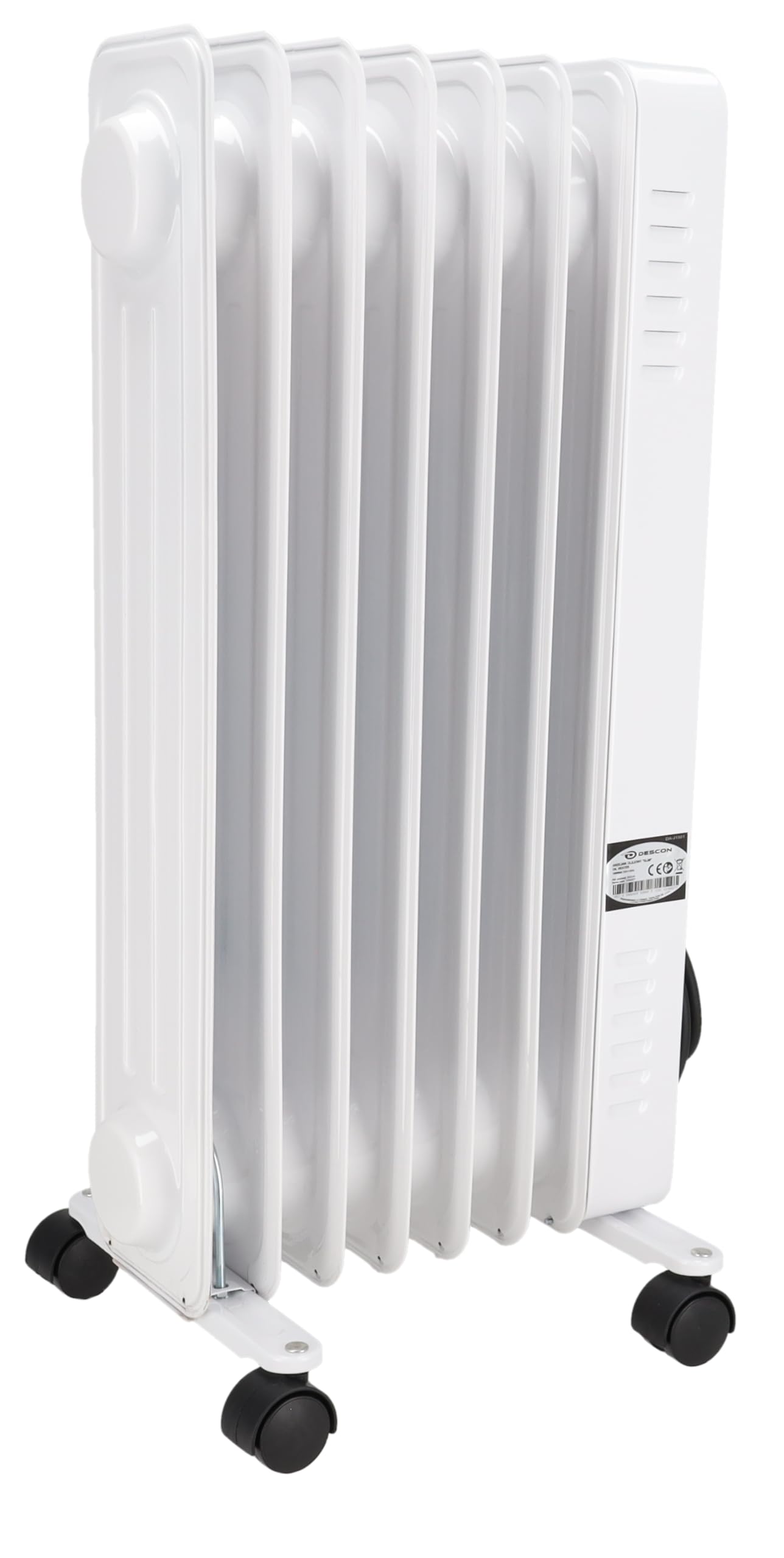 Radiador de aceite DESCON DA-J1501, 1500 W, 7 costillas, control de temperatura, termostato, tres niveles de calor, ruedas de transporte, compartimento para guardar cables, protección antivuelco