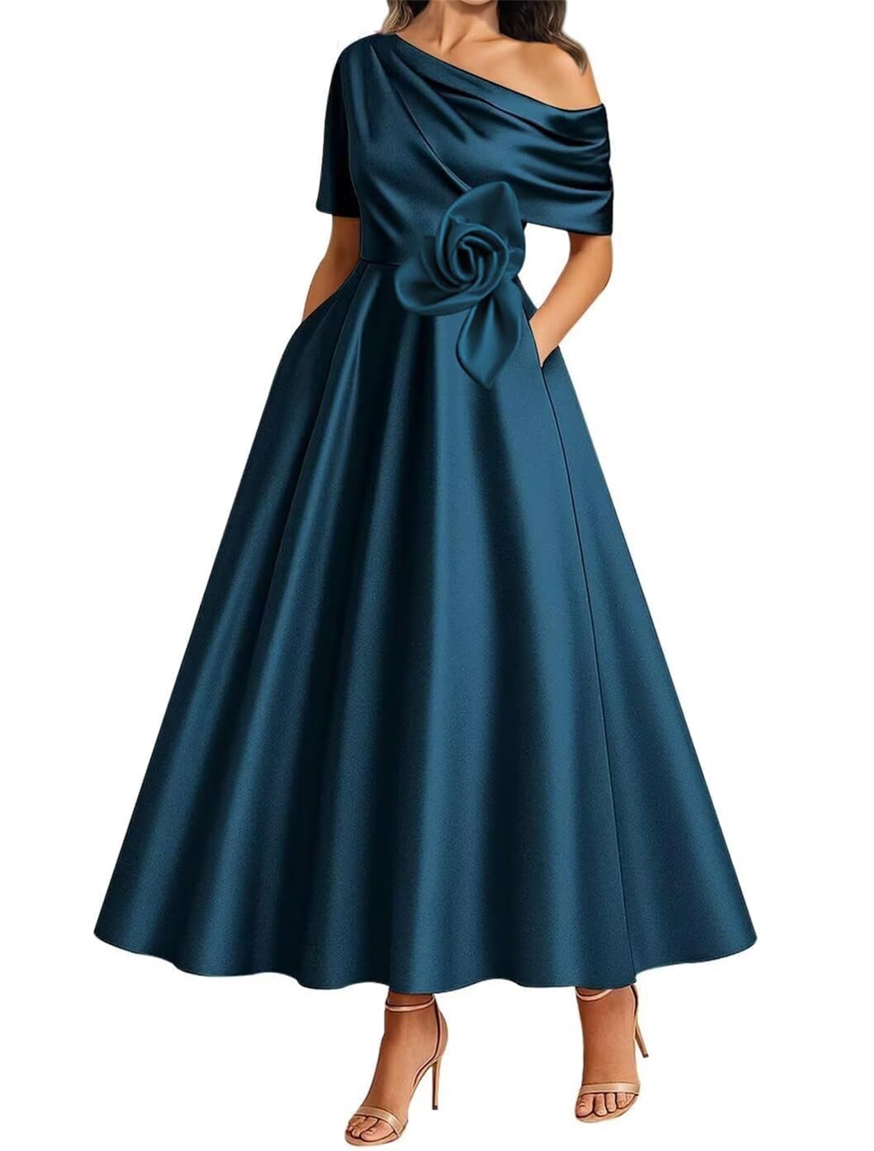 WISIYLE 3D Flower Bridesmaid Dresses Cap Sleeve Prom Mother of The Bride Dress One Shoulder Wedding Formal Gowns WQL008 Peacock UK16