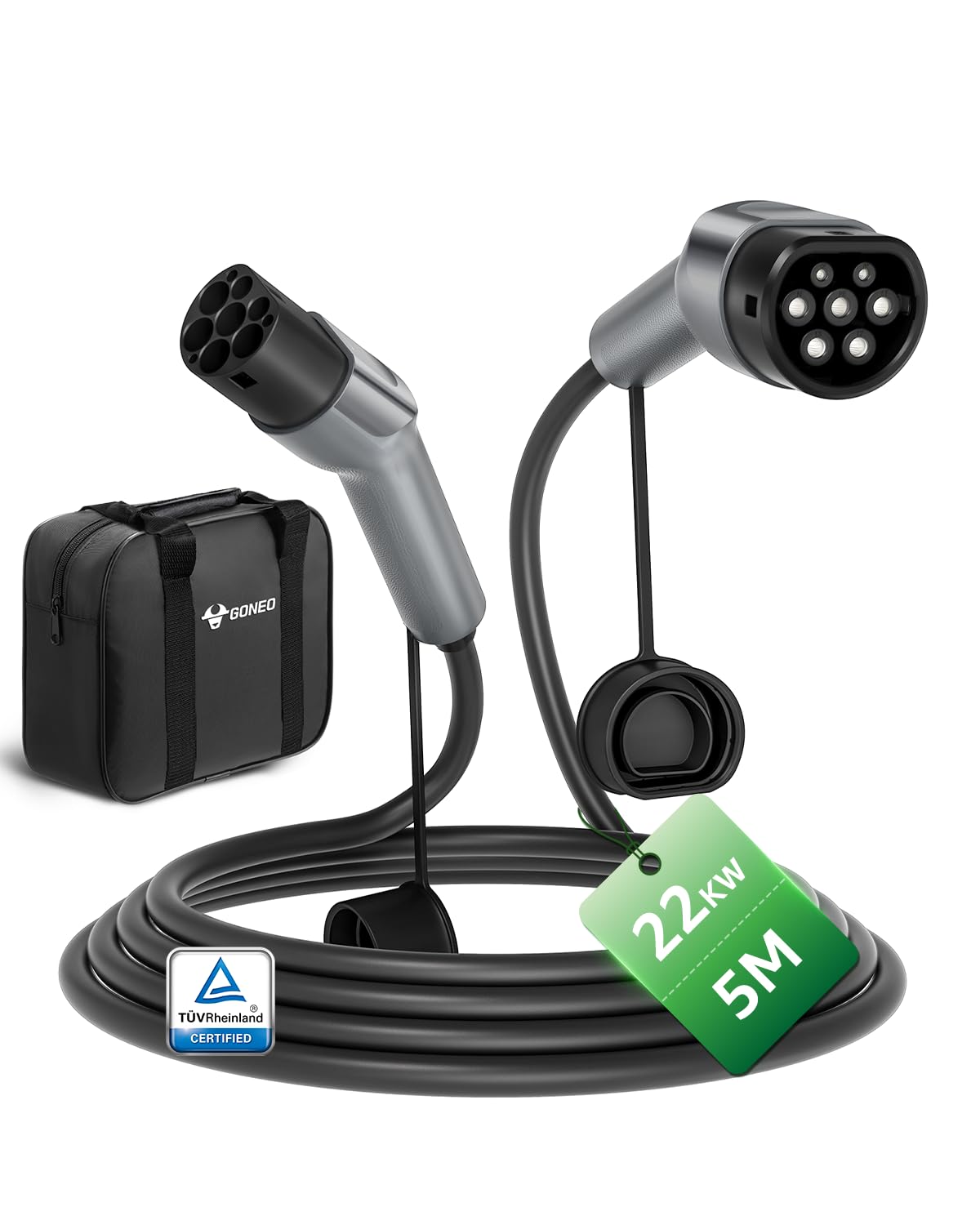 GONEO Typ 2 Ladekabel 22kW 5M, 32A 3-Phasig Mode 3 Schnellladekabel, IP54 TPU Abriebfest, Kompatibel mit Tesla/VW/BMW/Audi, für Elektroauto & PHEV, inklusive Tragetasche