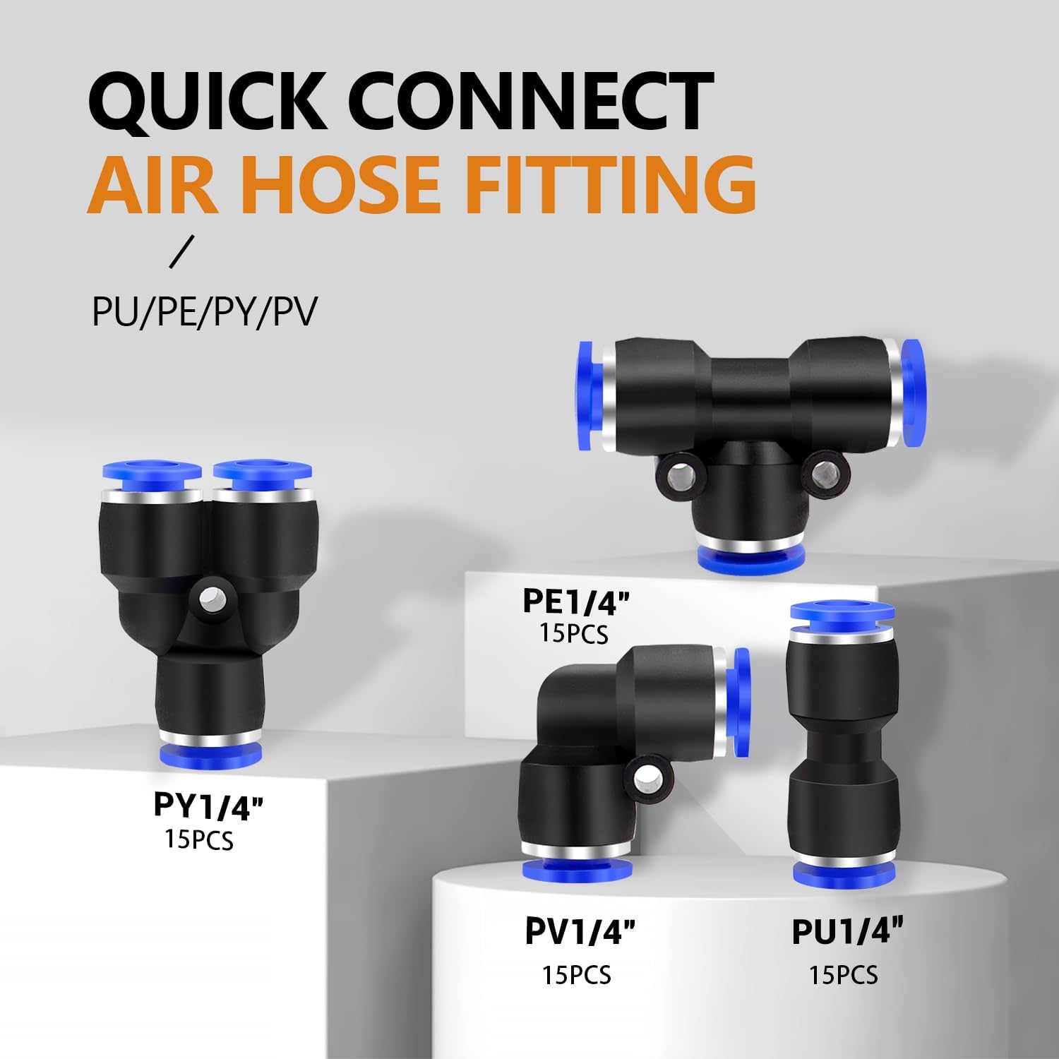mankk 60PCS 1/4”OD Push to Connect Fittings Air Hose Fittings Quick Release Pneumatic Kit (15 Spliters,15 Elbows,15 Tee,15 Straight) for Air Line 1/4" Tube